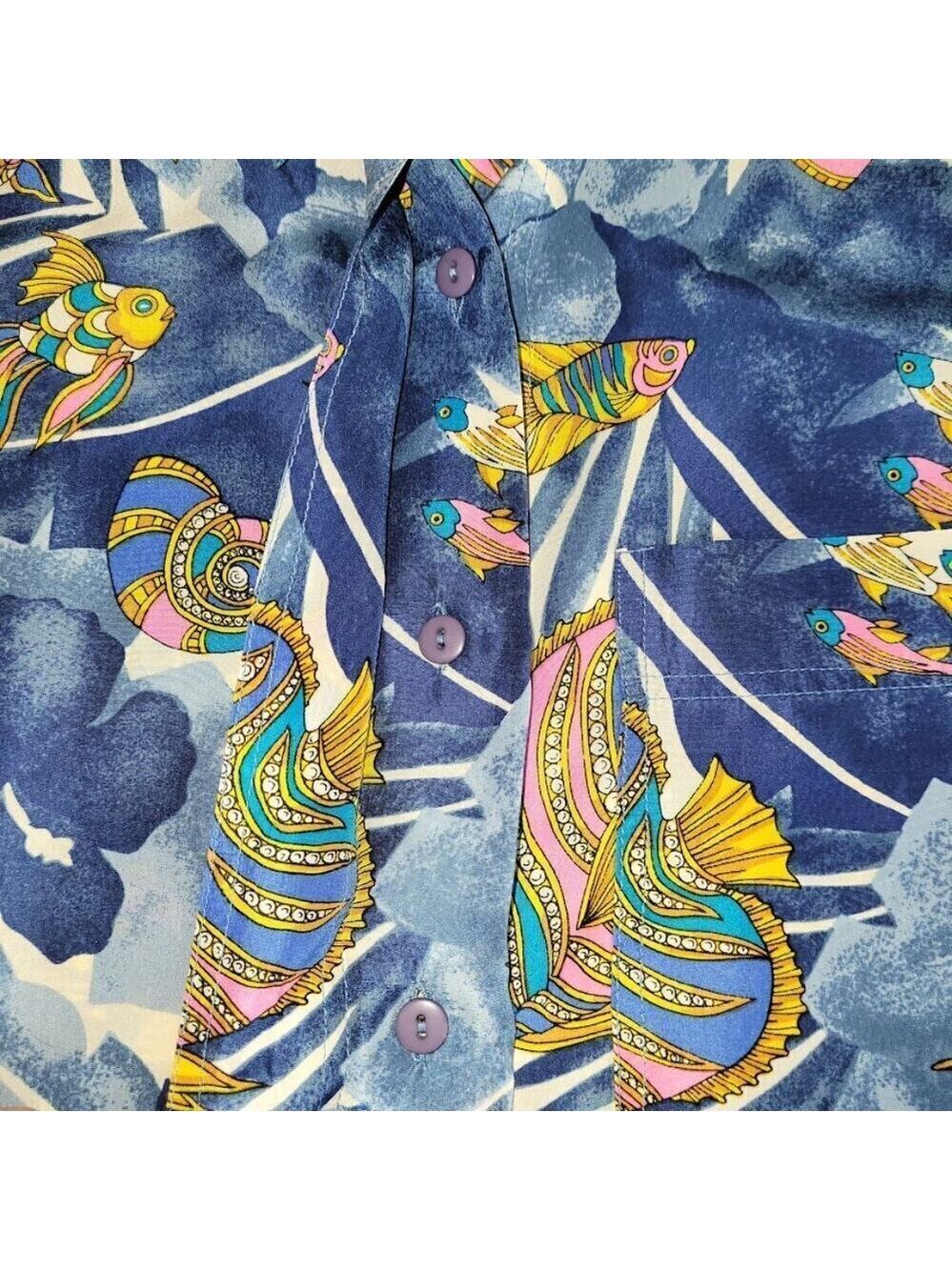 S.L.B. Ocean Silk Blouse Tropical Fish Print Multicolored Shirt Women's Size S - Picture 10 of 13